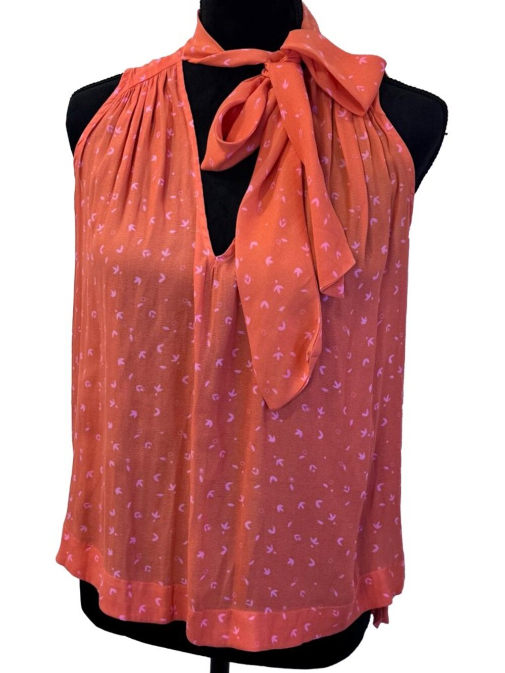 Free People XS Orange Pink Tie Neck Hi Low Sleeveless Boho Blouse Top